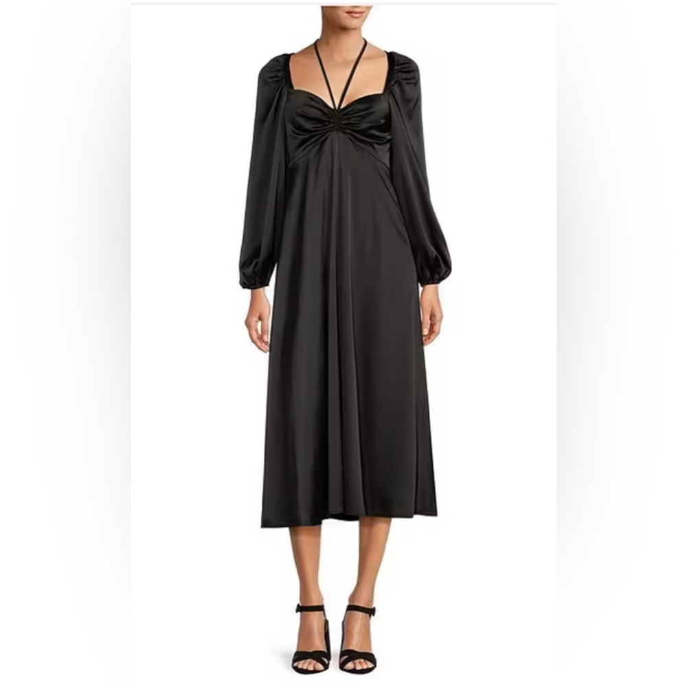 NWT Antonio Melani Drapey Satin Black Formal Midi Dress  0